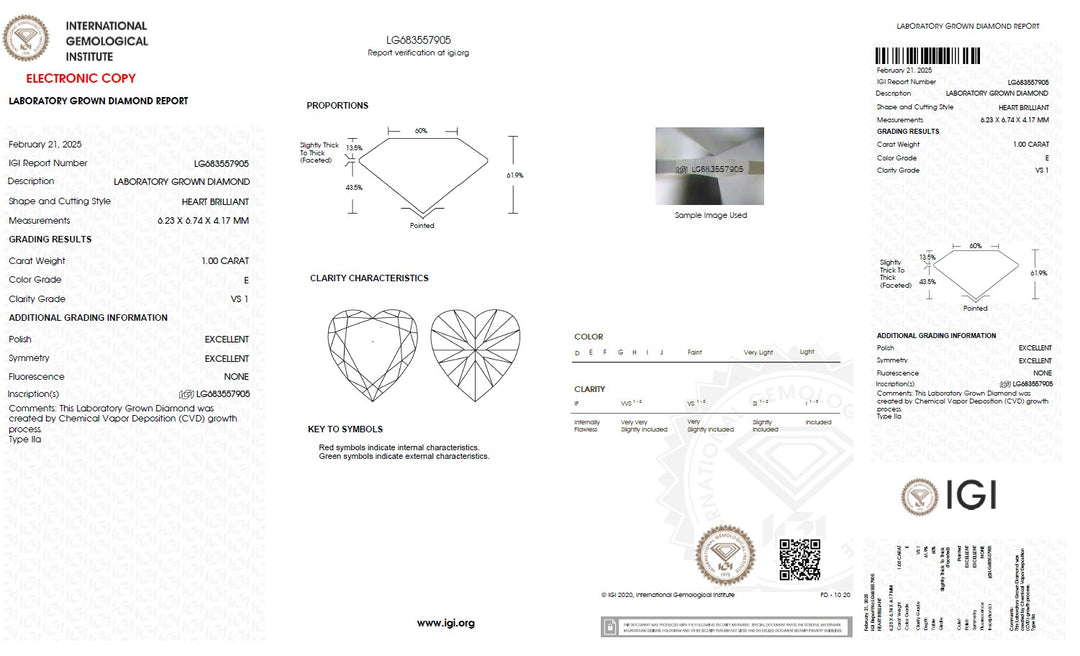 1.00 Carat Heart Lab Grown Diamond, VS1/E