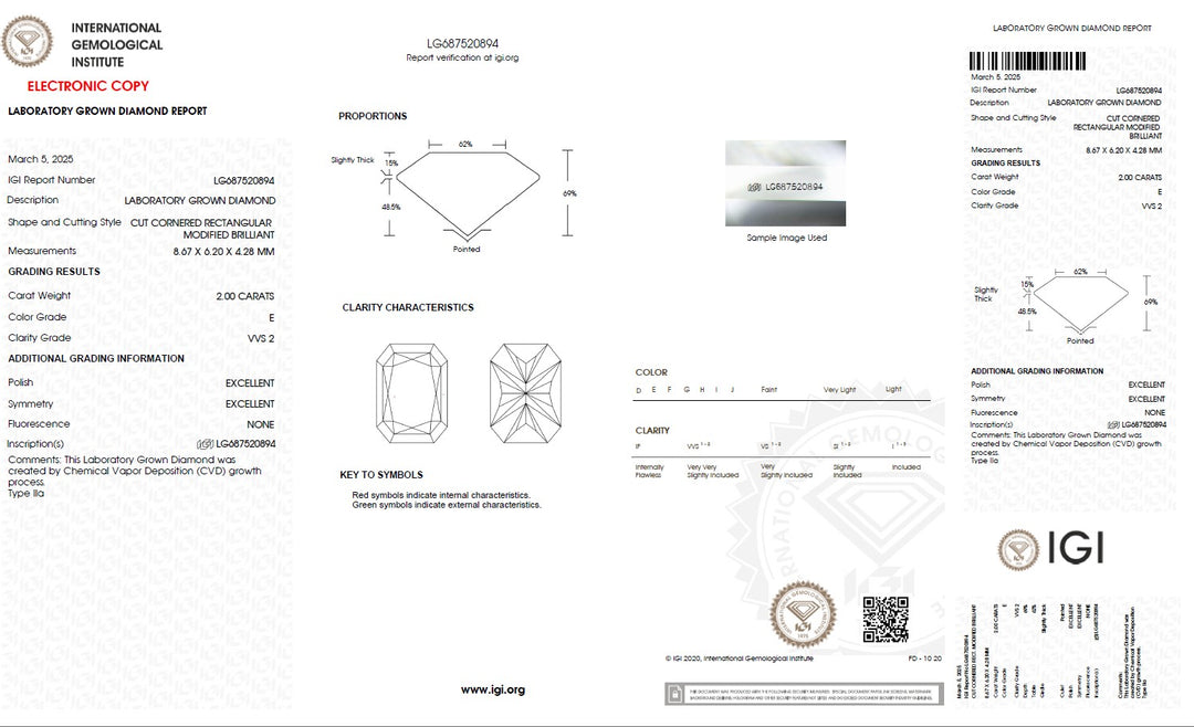 2.00 Carat Radiant Lab Grown Diamond, VVS2/E