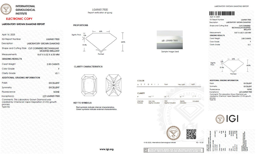 2.00 Carat Radiant Lab Grown Diamond, VS1/F