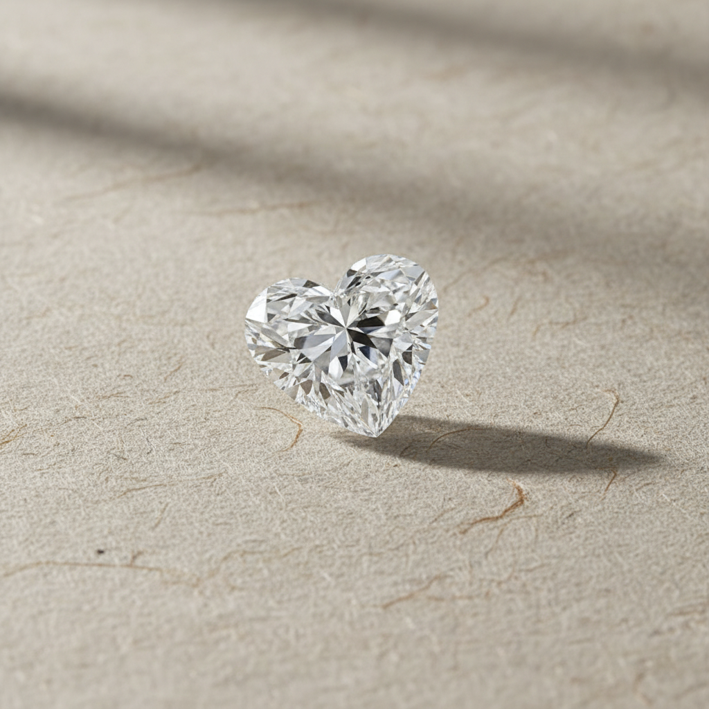 Preserve the diamond exactly as shown — do not alter its cut, facets, or proportions. Held gently by jeweler's tweezers against a clean natural white background. Shallow depth of field with sharp focus on the diamond, soft rim light highlighting the facets and edges, subtle natural sparkle, evokes a "hand-selected stone" feel — precise, intentional, and premium.