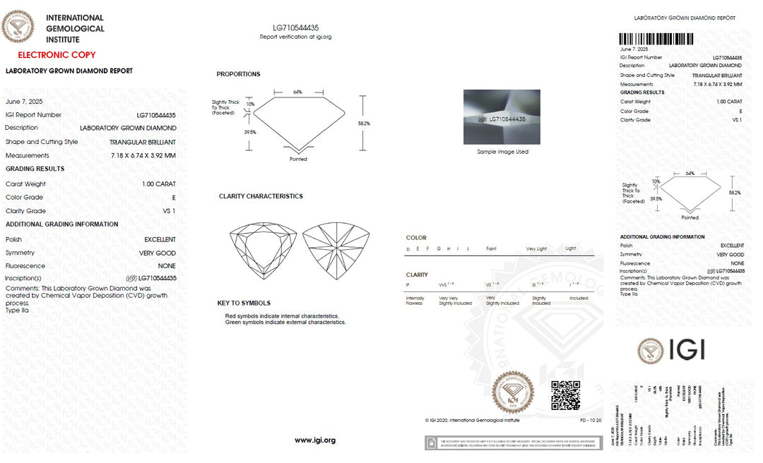 1.00 Carat Triangle Lab Grown Diamond, VS1/E