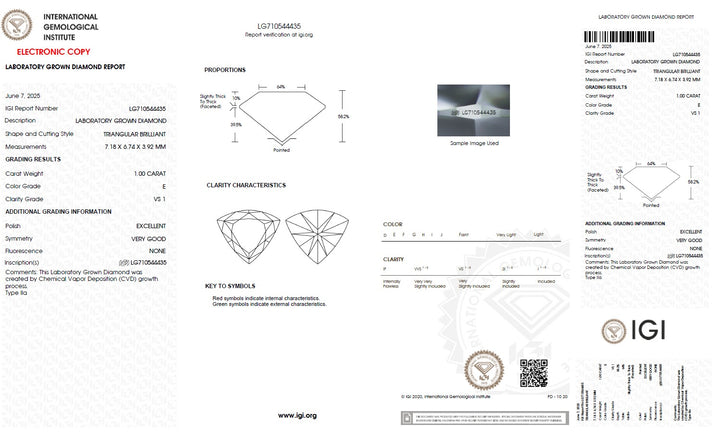 1.00 Carat Triangle Lab Grown Diamond, VS1/E