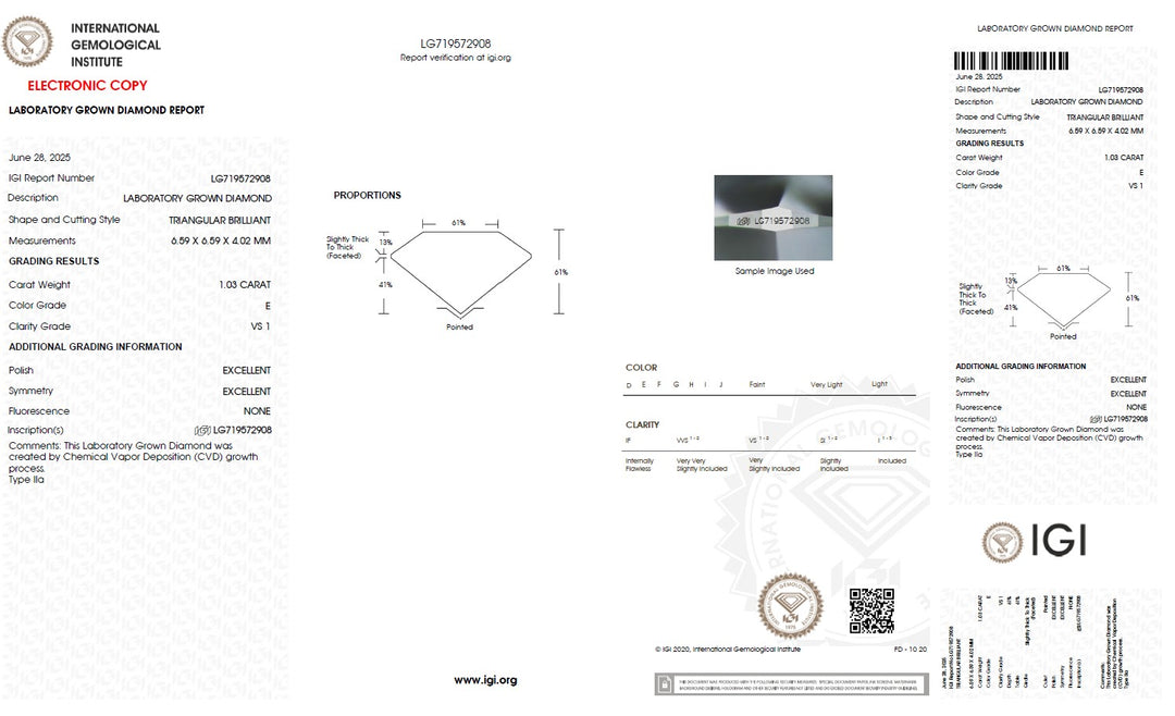 1.03 Carat Triangle Lab Grown Diamond, VS1/E