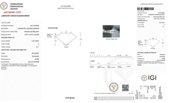 1.03 Carat Triangle Lab Grown Diamond, VS1/E