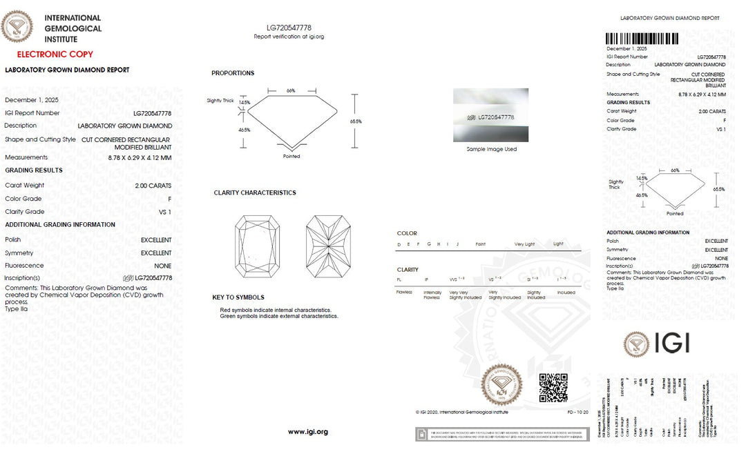 2.00 Carat Radiant Lab Grown Diamond, VS1/F