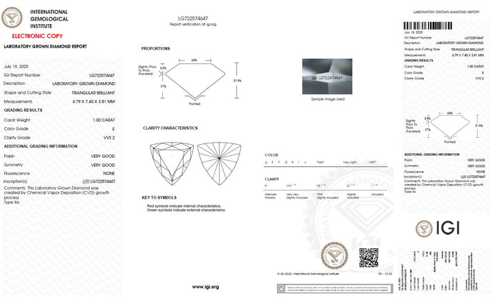 1.00 Carat Triangle Lab Grown Diamond, VVS2/E