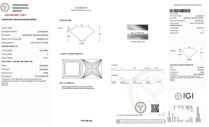 1.00 Carat Princess Lab Grown Diamond, VVS2/E