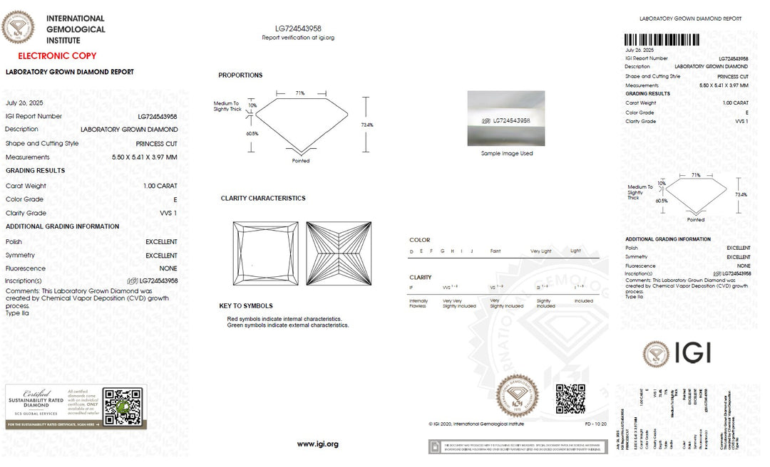 1.00 Carat Princess Lab Grown Diamond, VVS1/E