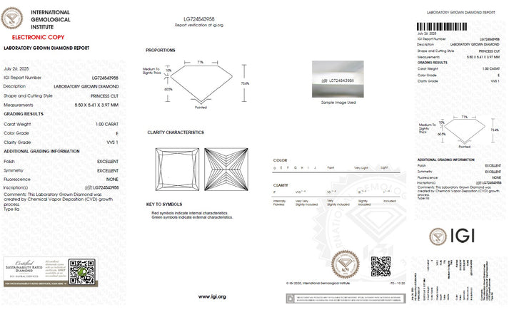 1.00 Carat Princess Lab Grown Diamond, VVS1/E