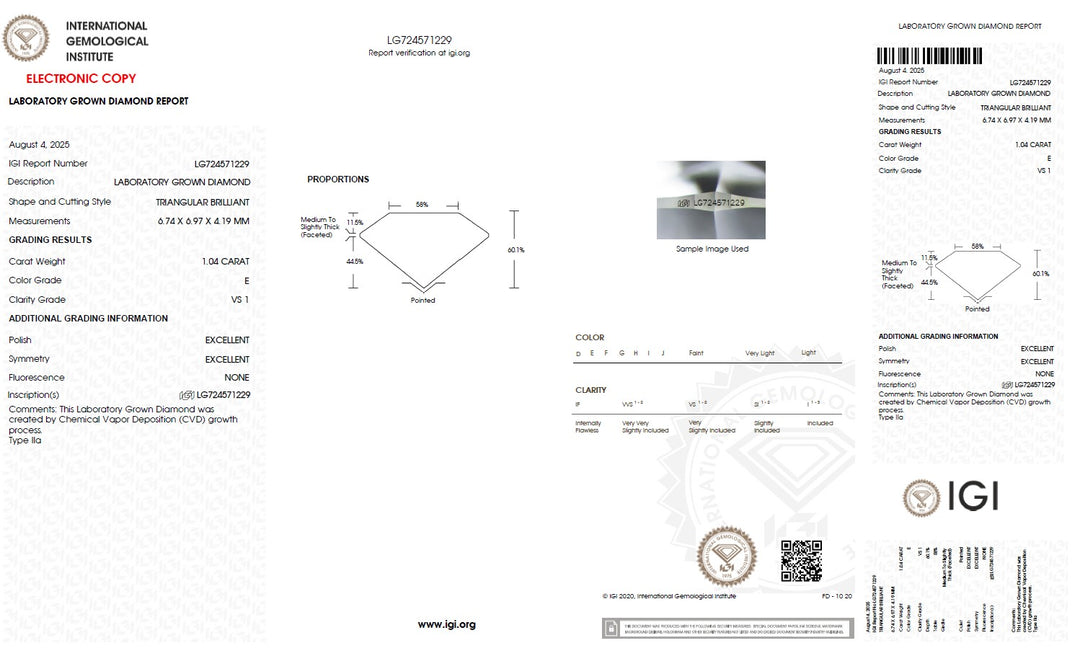 1.04 Carat Trilliant Lab Grown Diamond, VS1/E