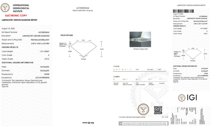 1.01 Carat Triangle Lab Grown Diamond, VVS2/E