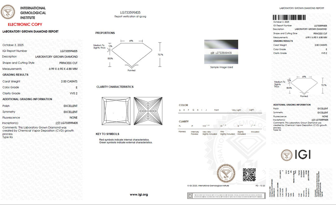 2.00 Carat Princess Lab Grown Diamond, VVS2/E