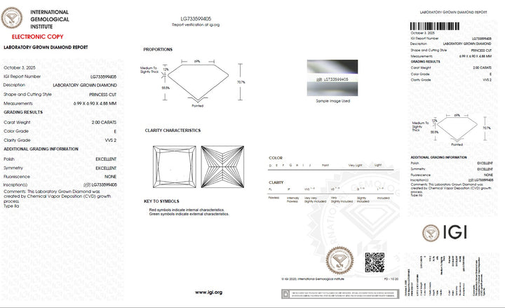 2.00 Carat Princess Lab Grown Diamond, VVS2/E