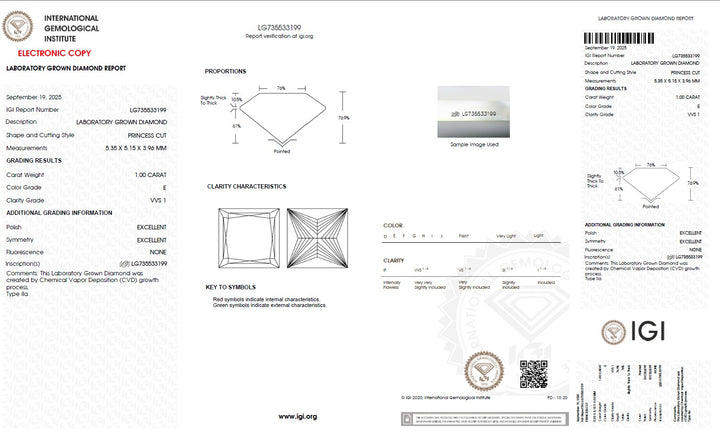 1.00 Carat Princess Lab Grown Diamond, VVS1/E