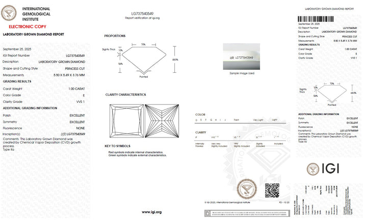 1.00 Carat Princess Lab Grown Diamond, VVS1/E