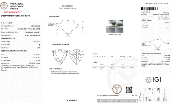 1.13 Carat Triangle Lab Grown Diamond, VS1/E