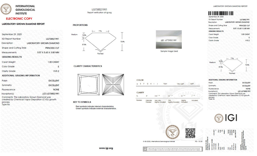 1.00 Carat Princess Lab Grown Diamond, VVS2/E