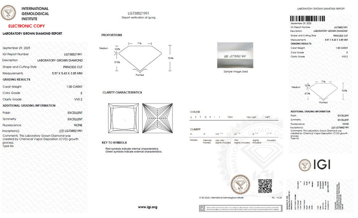 1.00 Carat Princess Lab Grown Diamond, VVS2/E
