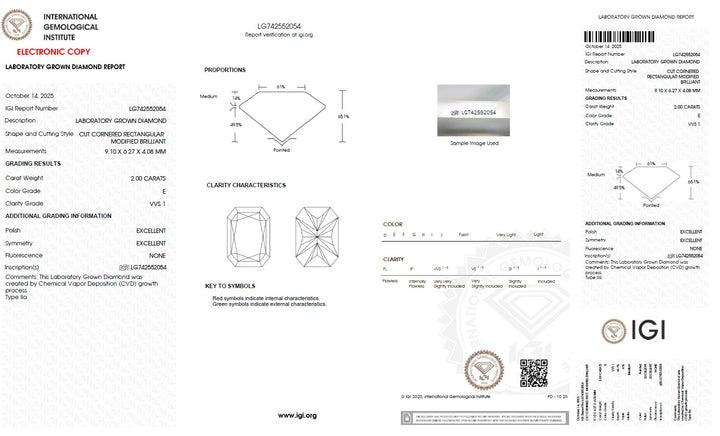 2.00 Carat Radiant Lab Grown Diamond, VVS1/E