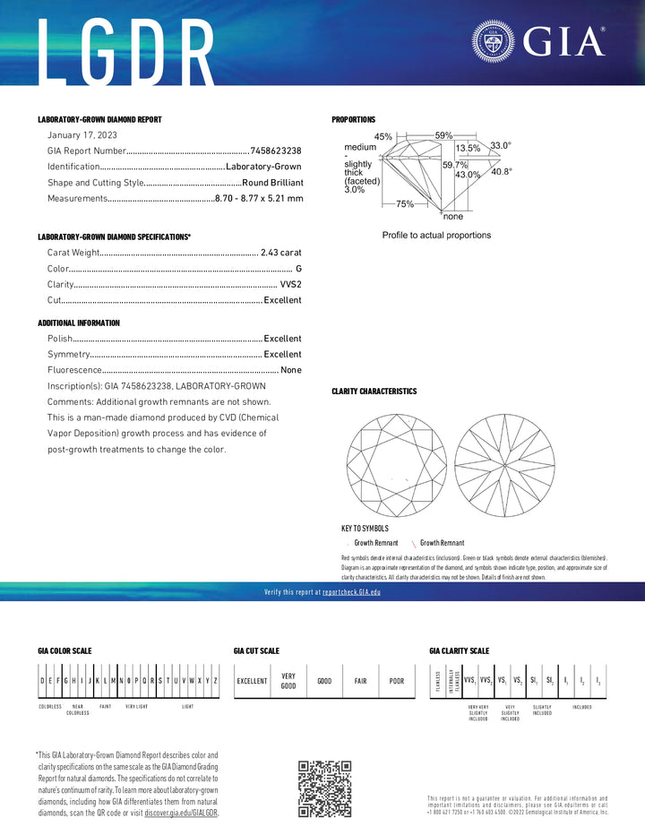 GIA Certified 2.43 CT Round Cut Lab-Grown Diamond - VVS2 Clarity, G Color, Excellent Cut