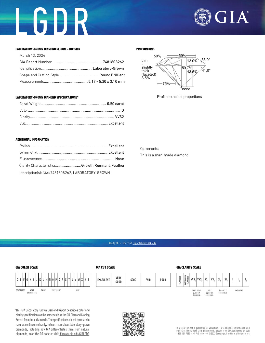 Diamant cultivé en laboratoire certifié GIA de 0,50 CT | Couleur D, clarté VVS2