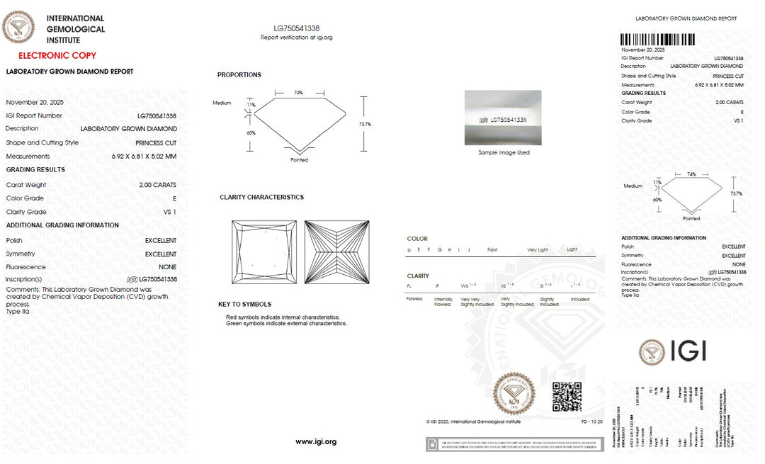2.00 Carat Princess Lab Grown Diamond, VS1/E
