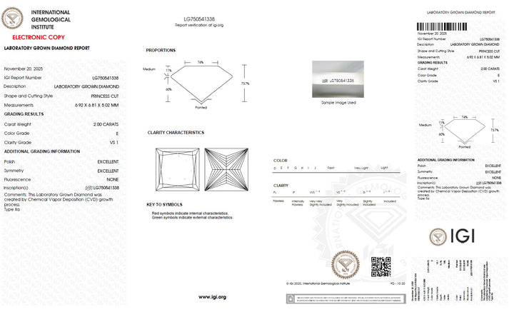 2.00 Carat Princess Lab Grown Diamond, VS1/E