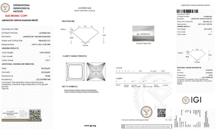 2.00 Carat Princess Lab Grown Diamond, VVS1/F