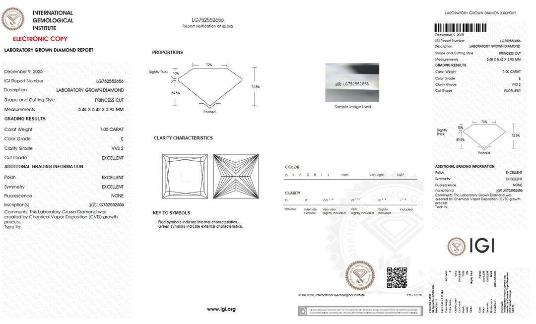 1.00 Carat Princess Lab Grown Diamond, VVS2/E