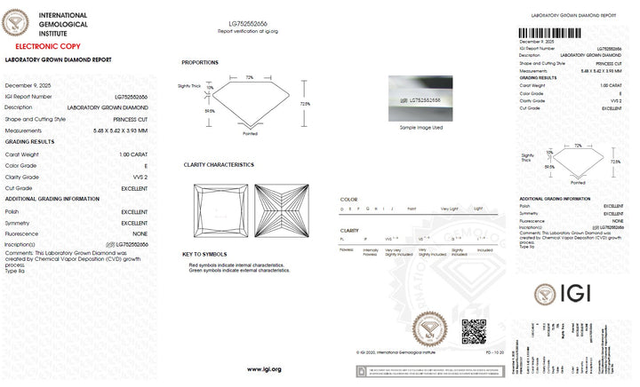 1.00 Carat Princess Lab Grown Diamond, VVS2/E