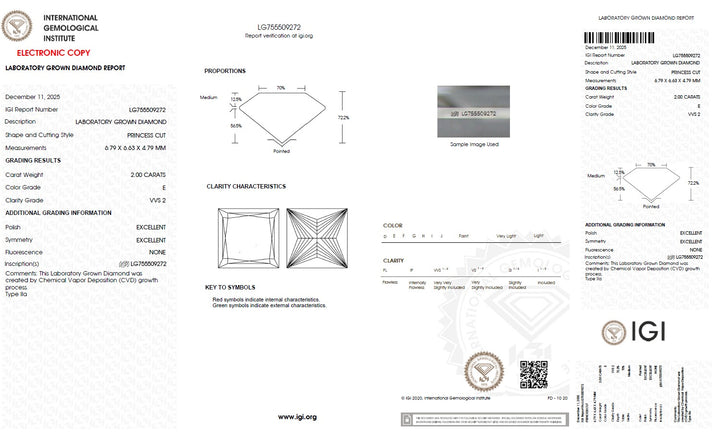 2.00 Carat Princess Lab Grown Diamond, VVS2/E
