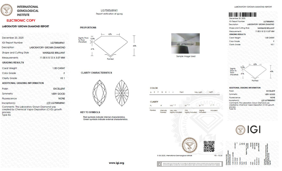 1.00 Carat Marquise Lab Grown Diamond, VS1/F