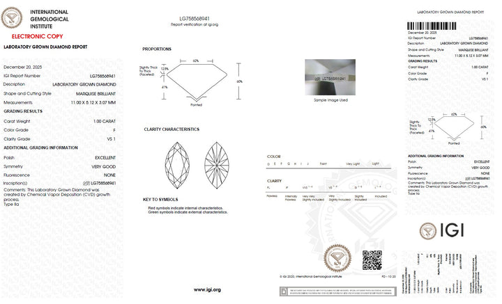 1.00 Carat Marquise Lab Grown Diamond, VS1/F