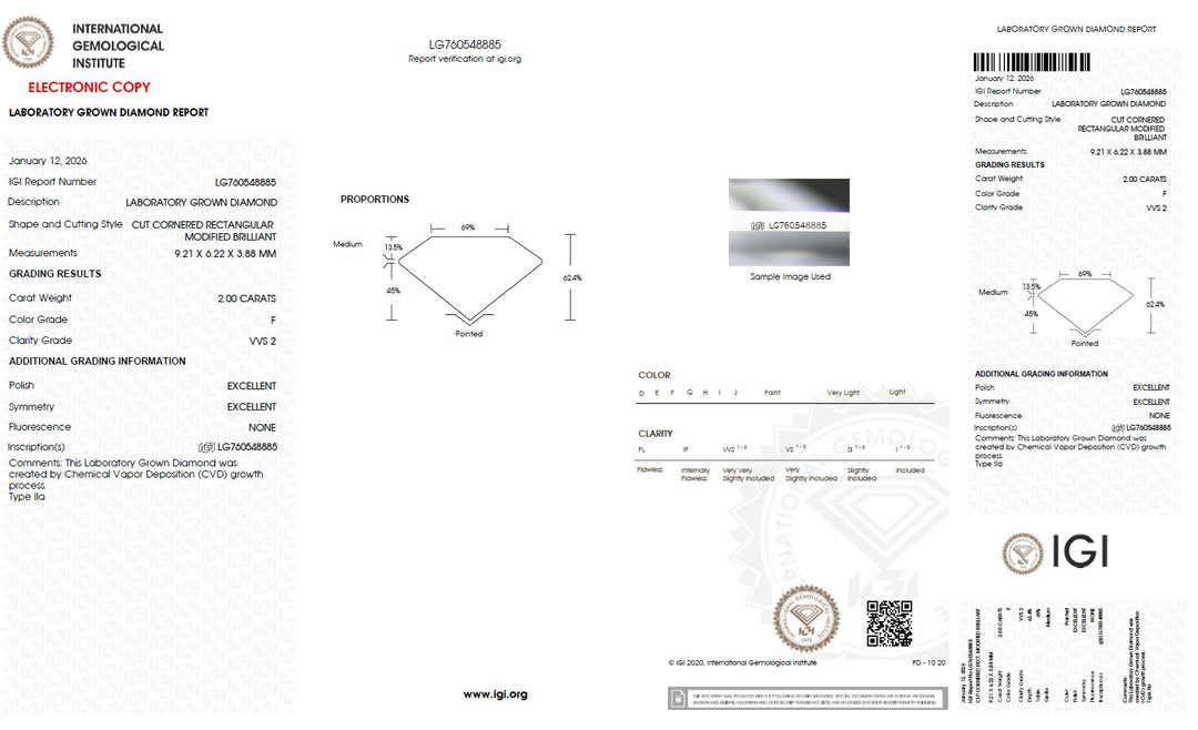 2.00 Carat Radiant Lab Grown Diamond, VVS2/F