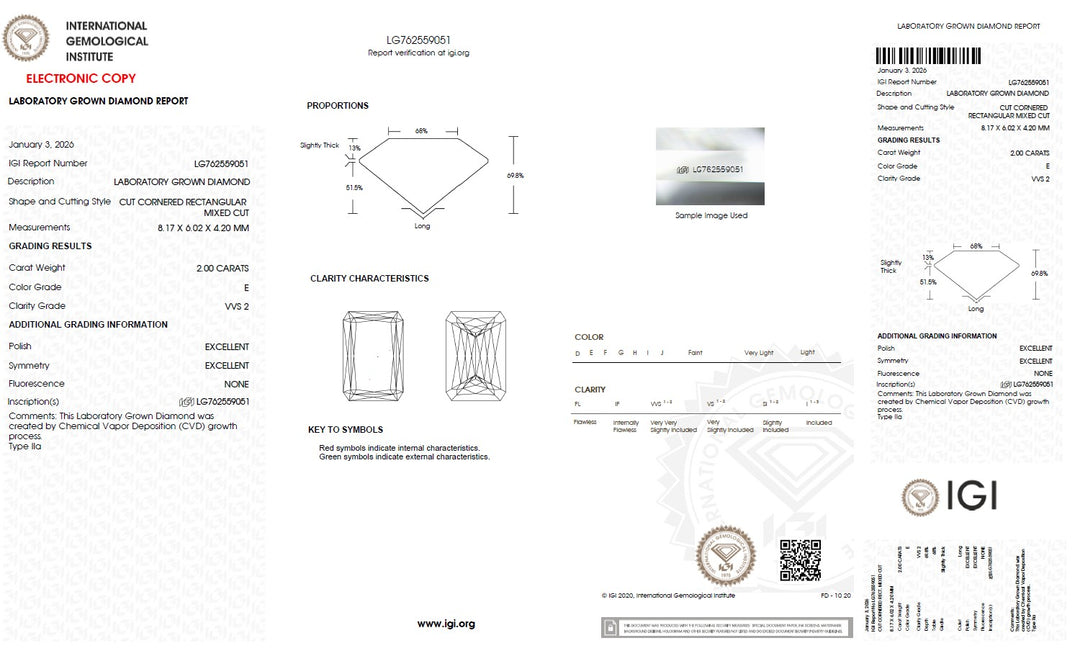 2.00 Carat Radiant Lab Grown Diamond, VVS2/E