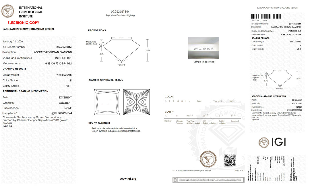 2.00 Carat Princess Lab Grown Diamond, VS1/F