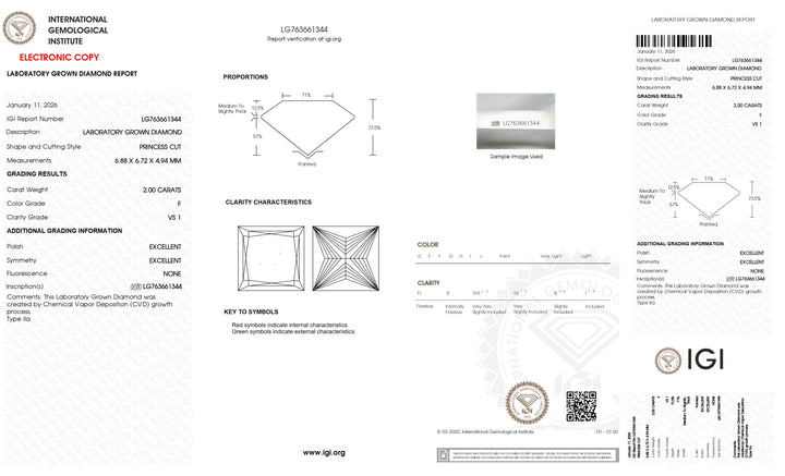 2.00 Carat Princess Lab Grown Diamond, VS1/F