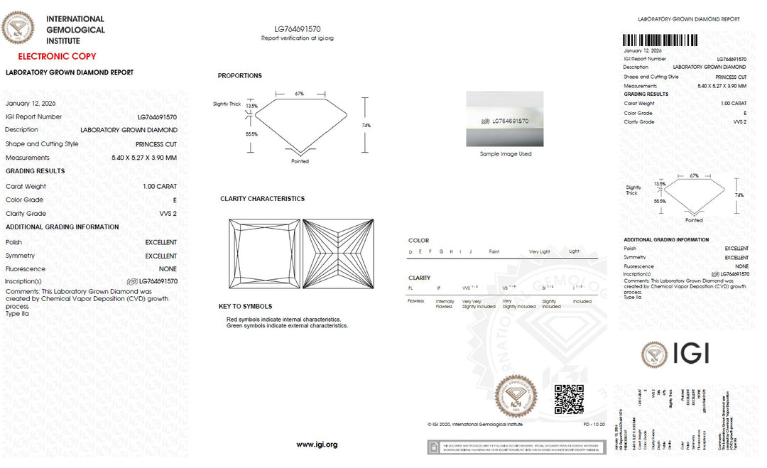 1.00 Carat Princess Lab Grown Diamond, VVS2/E