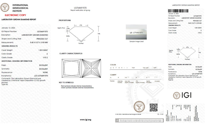 1.00 Carat Princess Lab Grown Diamond, VVS2/E