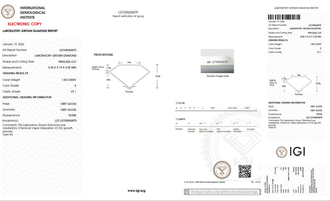 1.00 Carat Princess Lab Grown Diamond, VS1/E