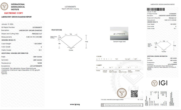 1.00 Carat Princess Lab Grown Diamond, VS1/E