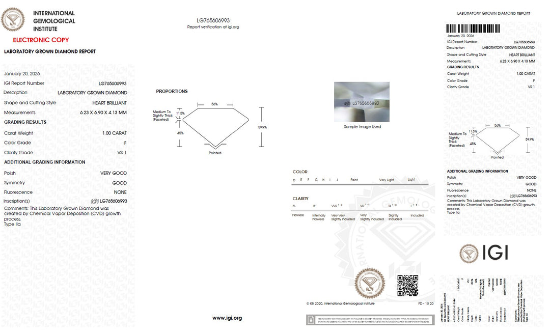 1.00 Carat Heart Lab Grown Diamond, VS1/F