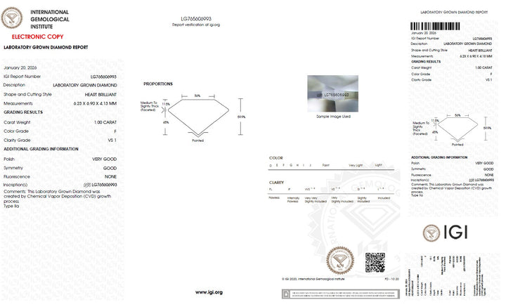 1.00 Carat Heart Lab Grown Diamond, VS1/F