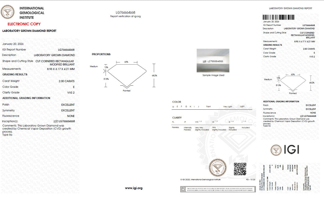 2.00 Carat Radiant Lab Grown Diamond, VVS2/E