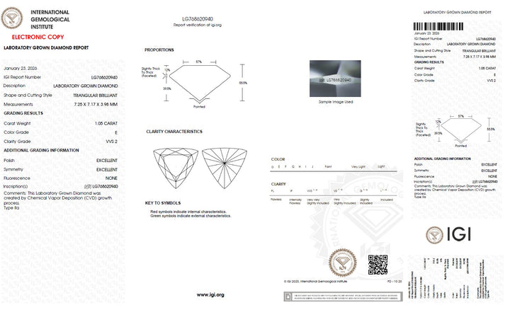 1.05 Carat Triangle Lab Grown Diamond, VVS2/E