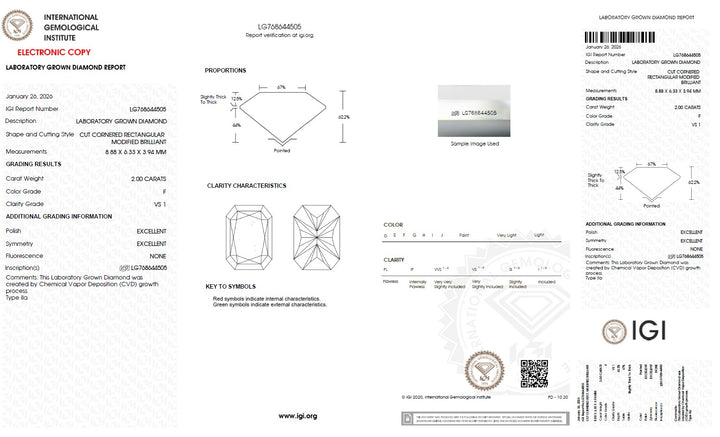 2.00 Carat Radiant Lab Grown Diamond, VS1/F