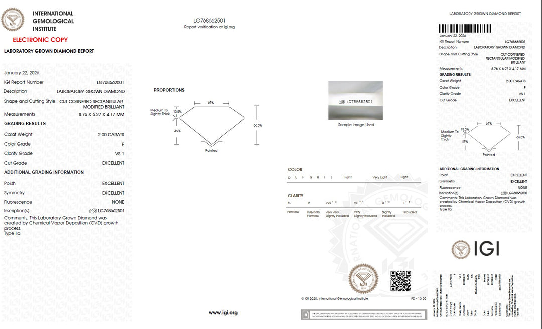 2.00 Carat Radiant Lab Grown Diamond, VS1/F