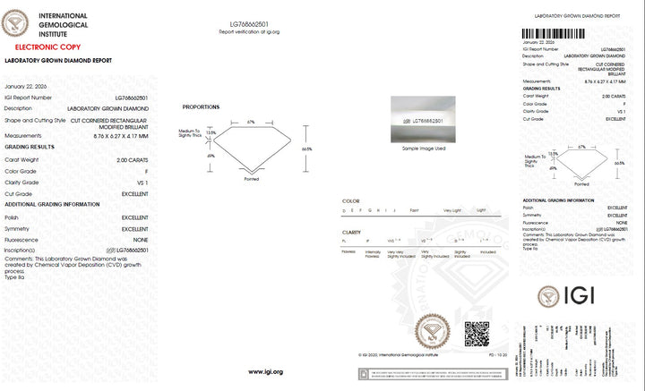 2.00 Carat Radiant Lab Grown Diamond, VS1/F
