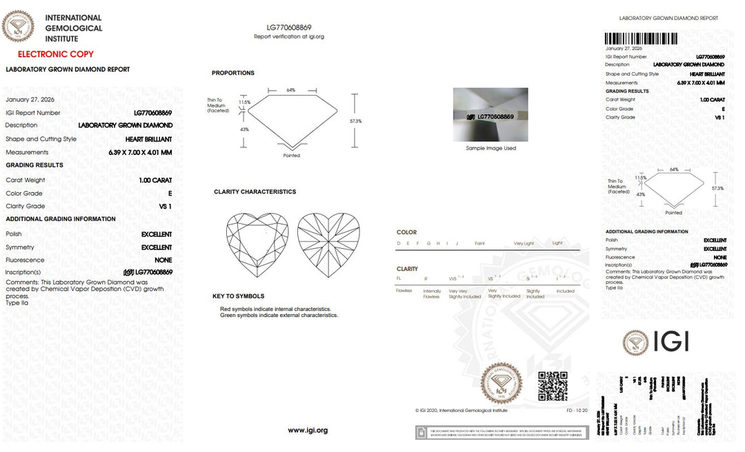 1.00 Carat Heart Lab Grown Diamond, VS1/E