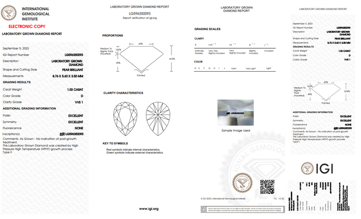 IGI Certified 1.03 CT Pear-Shaped Lab Grown Diamond | VVS1 | D Färg